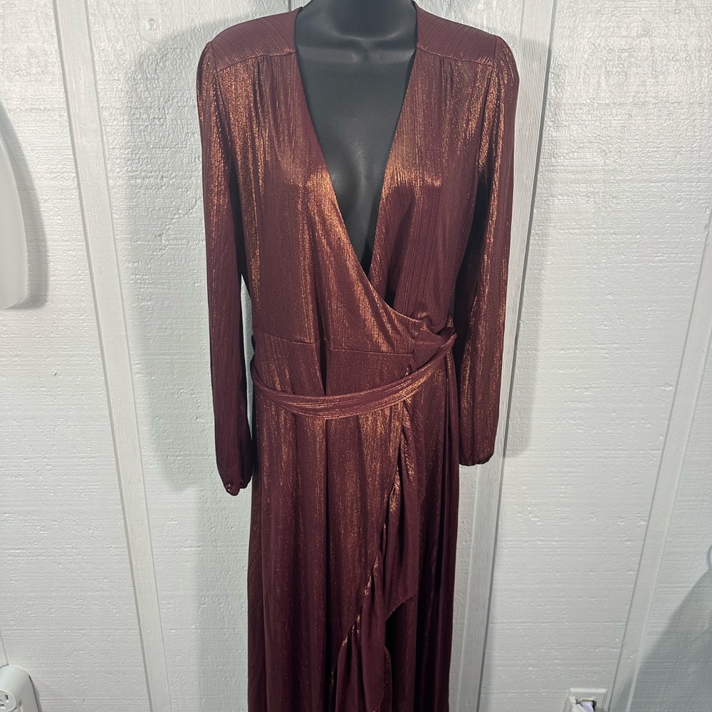 WAYF Women’s Meryl Long-Sleeve V Neck Metallic Wrap Long Sleeve Dress SZ XS NWT - Picture 3 of 14